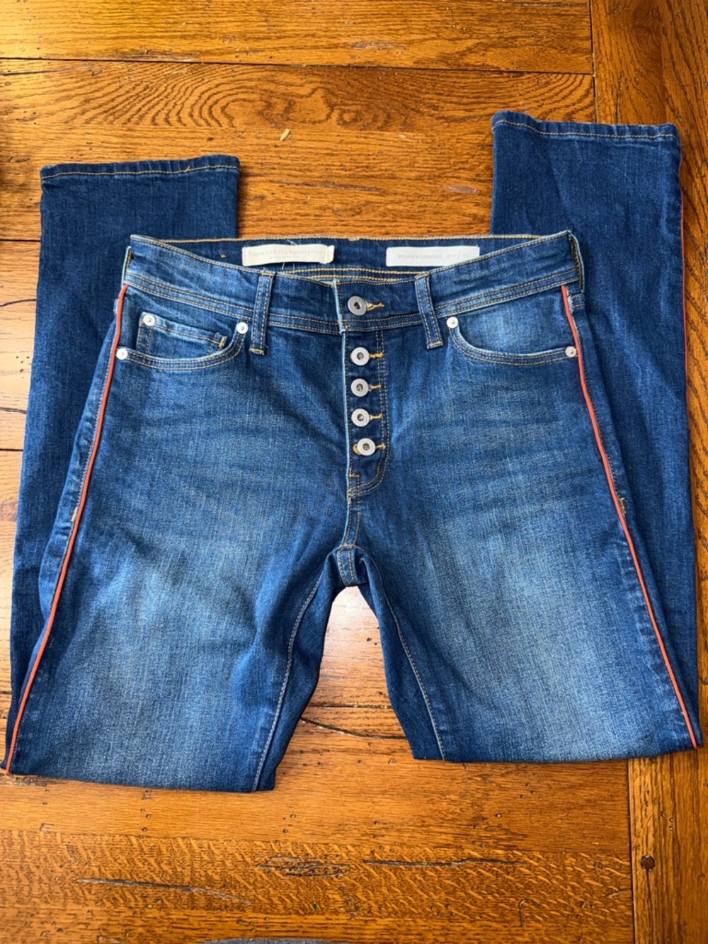 Pilcro and the Letterpress Straight-Leg Jeans in Blue with Coral Stripe